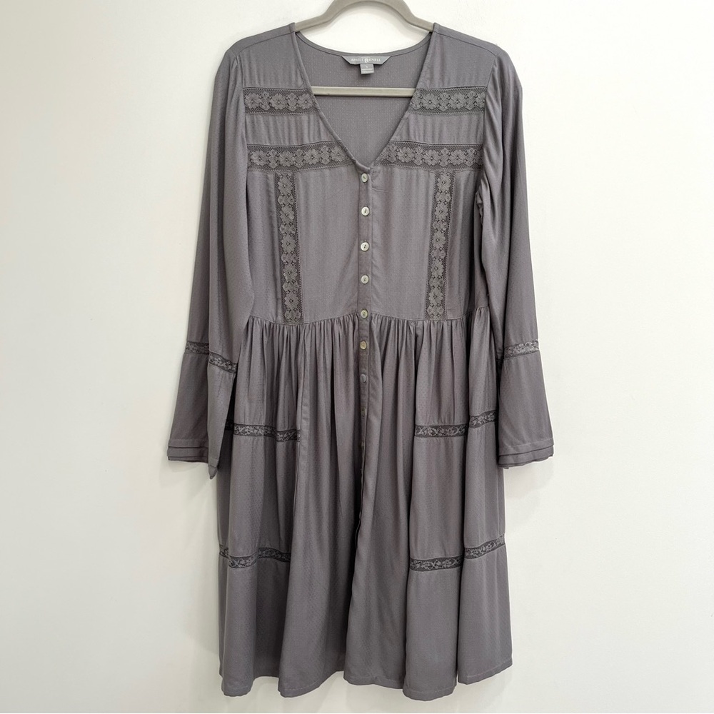 April Cornell Brianne Cottagecore Gray Swiss Dot Dress  Long Sleeve Lace Small